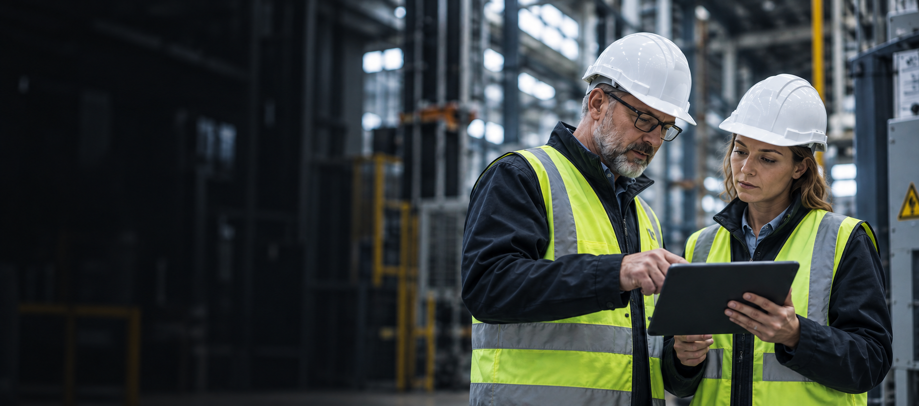 Zwei Fachkräfte in Schutzausrüstung besprechen Arbeitssicherheit in einer Industriehalle.